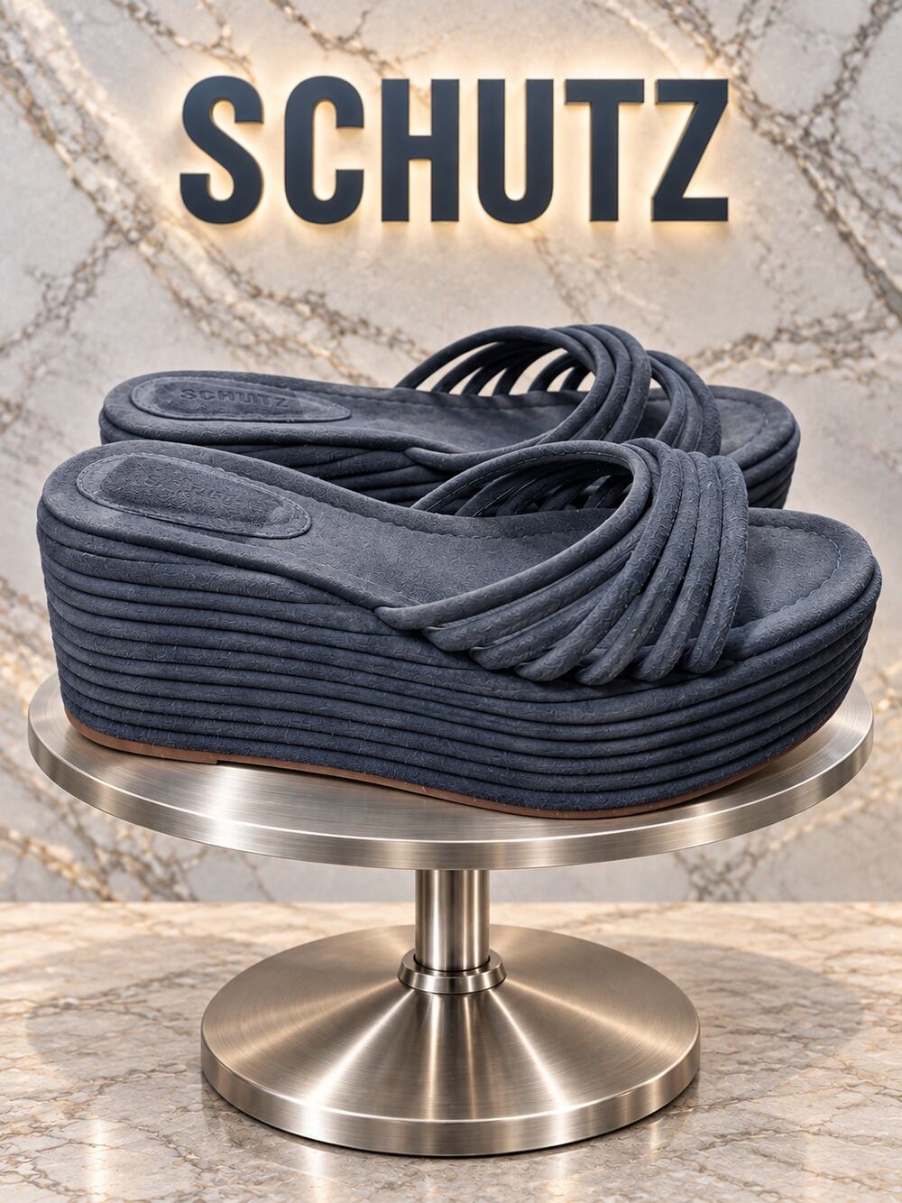 SCHUTZ Dark Dusty Blue Strappy Platform Wedge Slide Sandals Size 11B